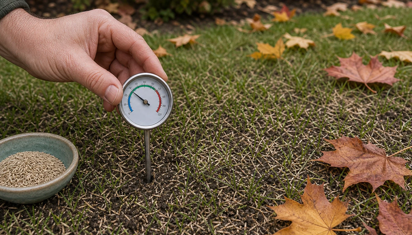checking lawn soil temperature with soil thermometer before overseeding