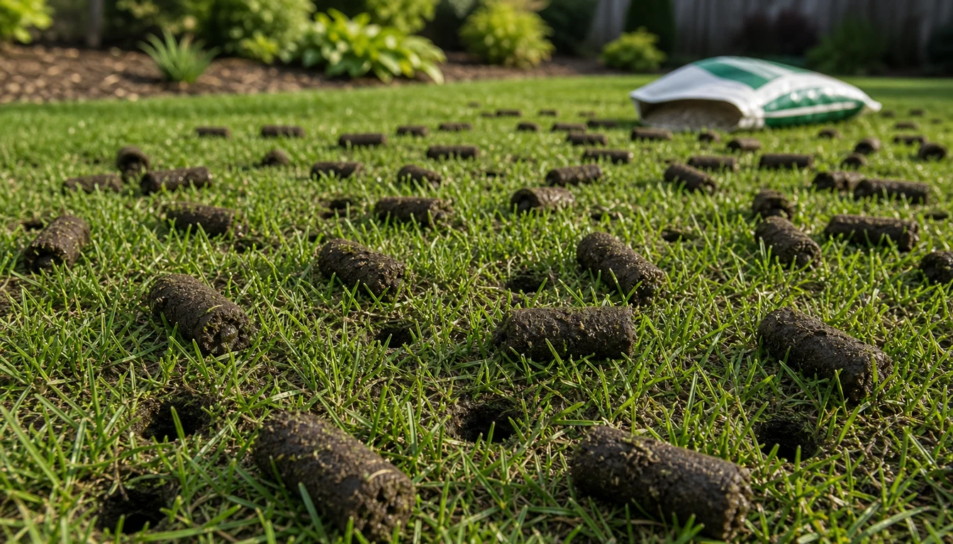 core aeration plugs on lawn before overseeding