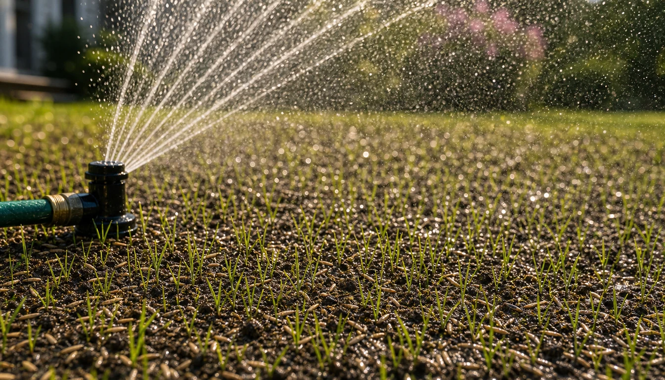 close up of lawn sprinkler watering tiny grass seedlings