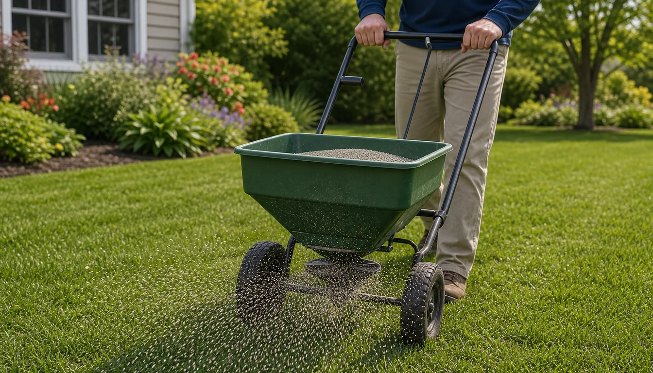 broadcast spreader applying granular fertilizer over green lawn