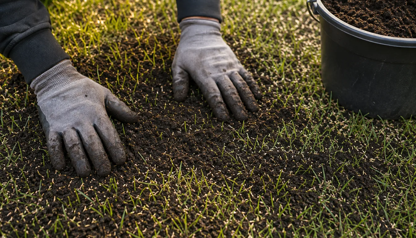 Gloved hands spreading a thin layer of dark crumbly compost over a freshly seeded lawn with seed still visible in the thinner spots