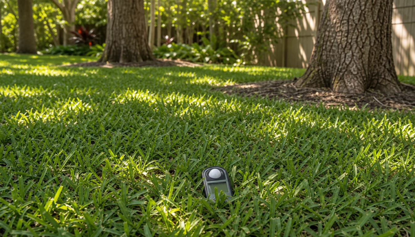 st augustine grass lawn under trees with light meter in turf