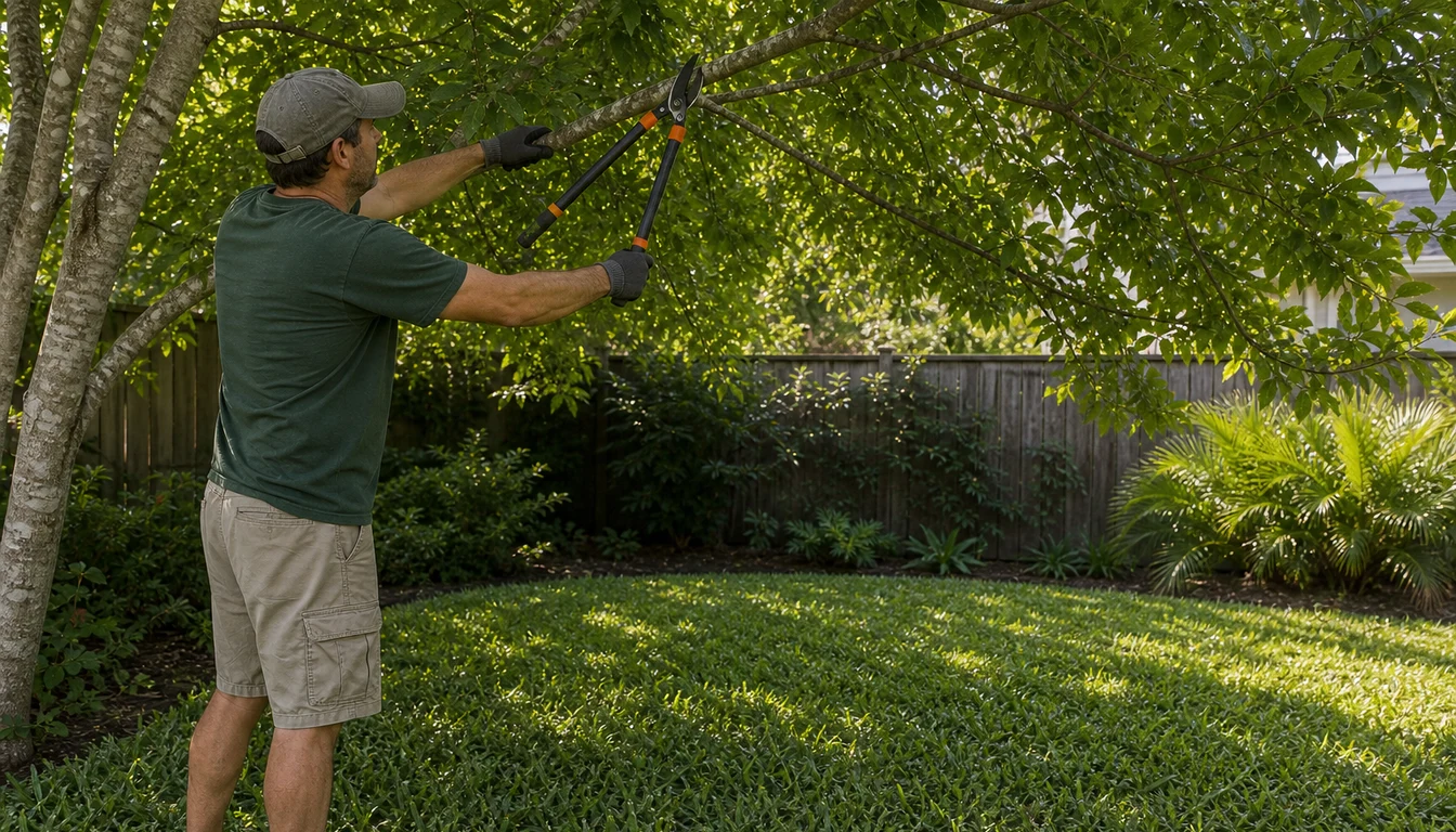 homeowner pruning low tree branches over st augustine grass