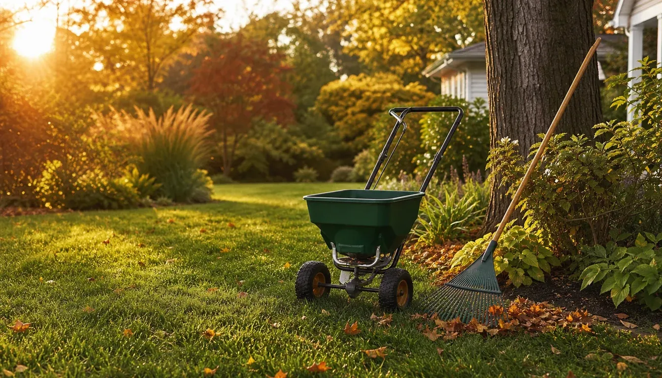 A healthy home lawn with a mower and hand tools set at its edge, ready for the season's work