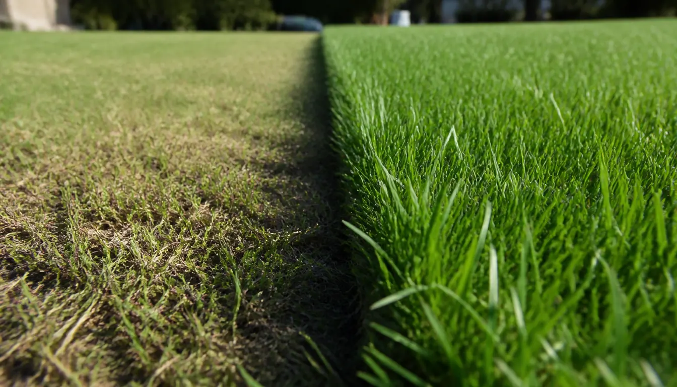 One lawn photographed along the line where two cutting heights meet, scalped short and thin with soil showing on the left, tall and dense green on the right