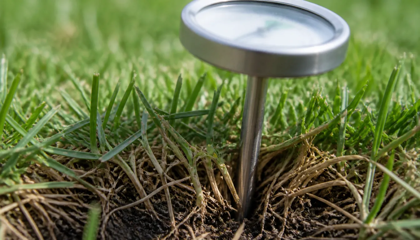 A stainless steel probe thermometer pushed several inches into a lawn, sharp on the stem where it passes through the grass and thatch layer into dark soil below