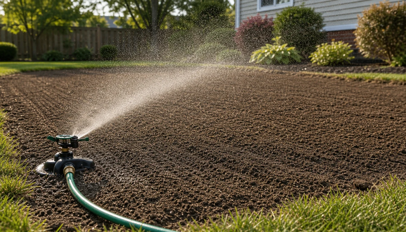 sprinkler lightly watering prepared soil before grass seed is spread