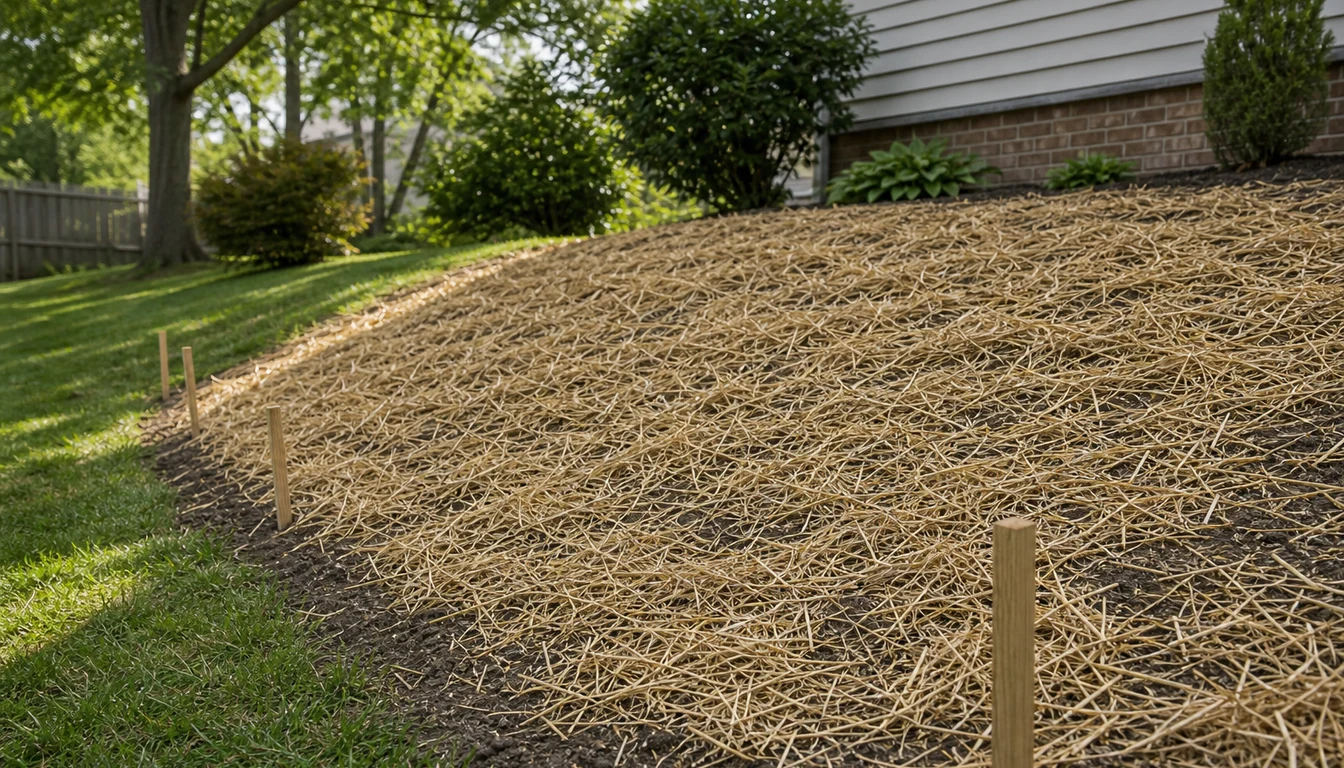 new grass seed covered with straw on a sloped lawn repair area
