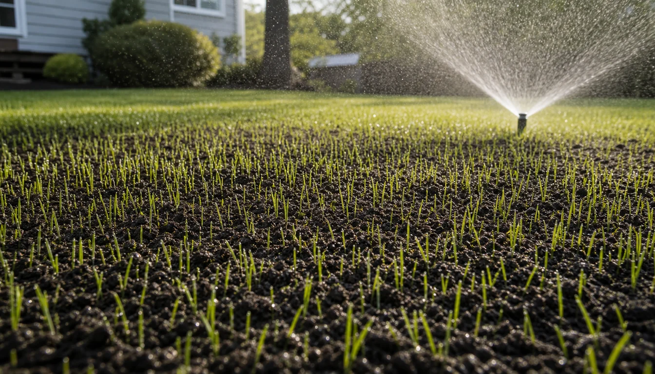 gentle sprinkler watering newly seeded lawn soil without washing seed away