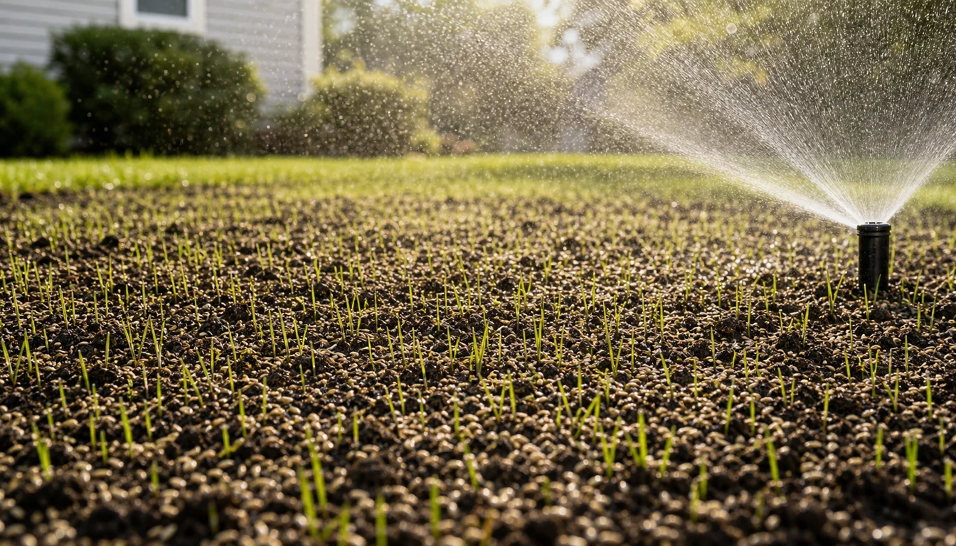 Fine sprinkler mist watering new grass seed without washing seed away
