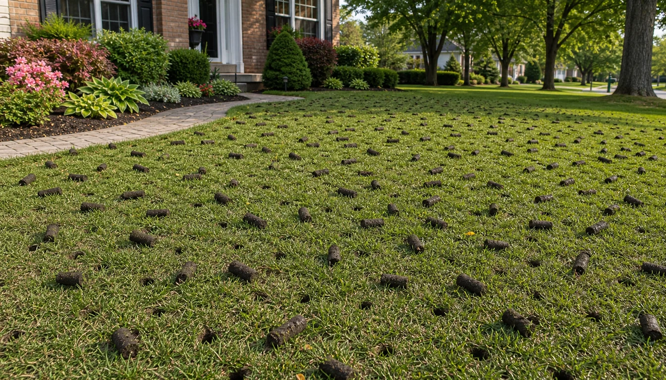 core aeration plugs scattered across a home lawn