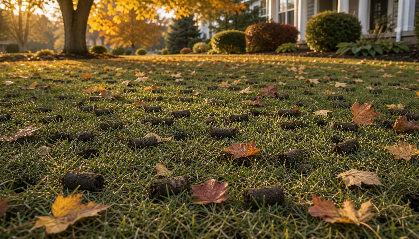 fall cool season lawn aerated with leaves on ground