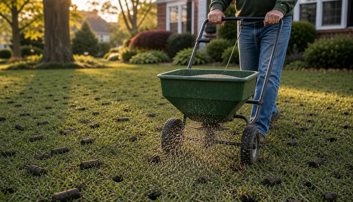 spreader overseeding lawn shortly after core aeration