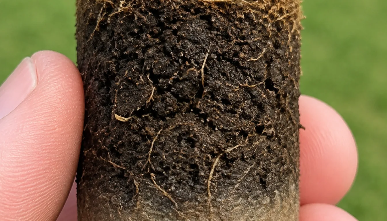 A macro of one cylindrical soil core plug held upright between finger and thumb, showing green blades at the top over dark root-filled soil