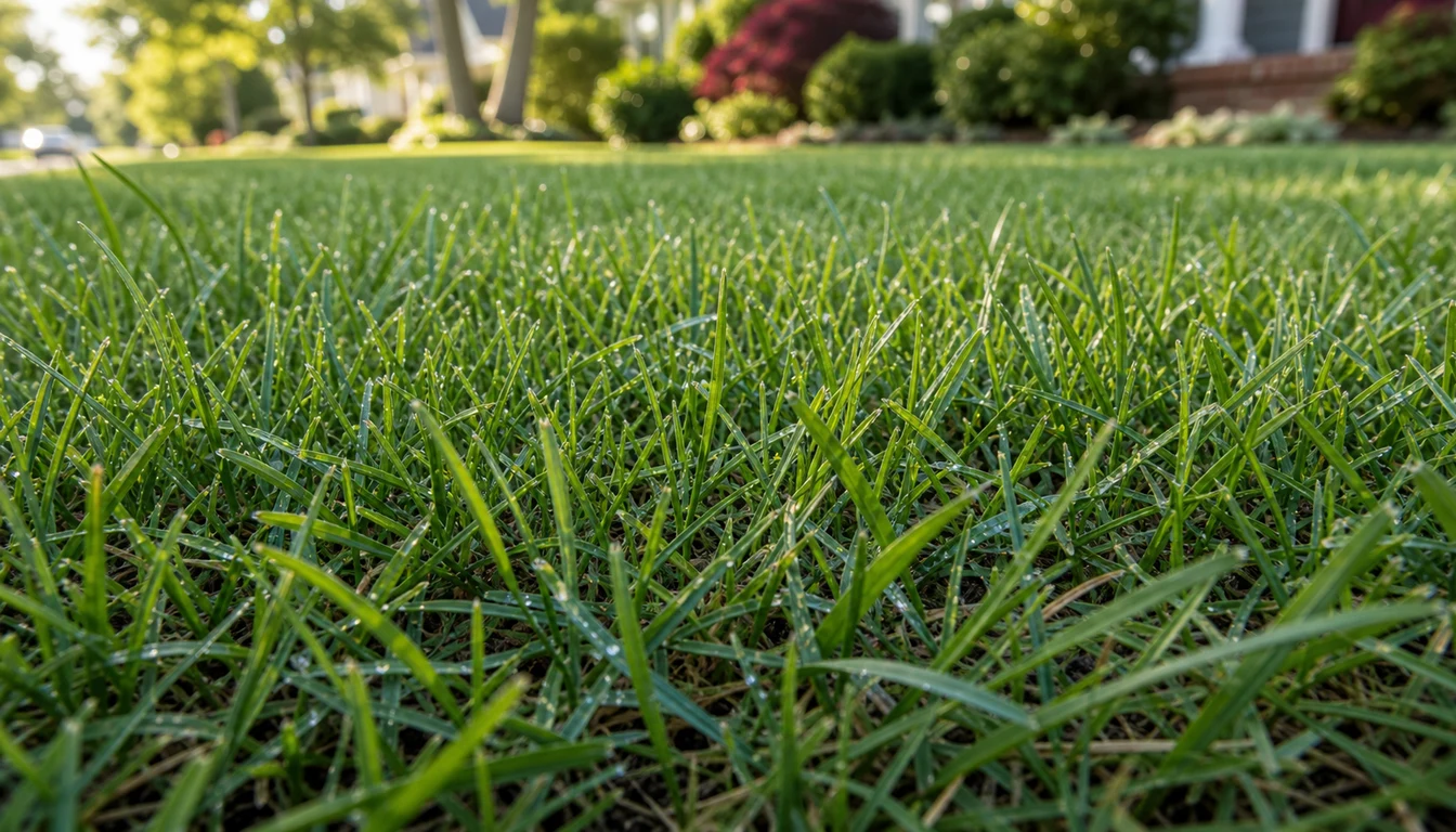 closeup of ohio lawn showing mix of kentucky bluegrass and fescue