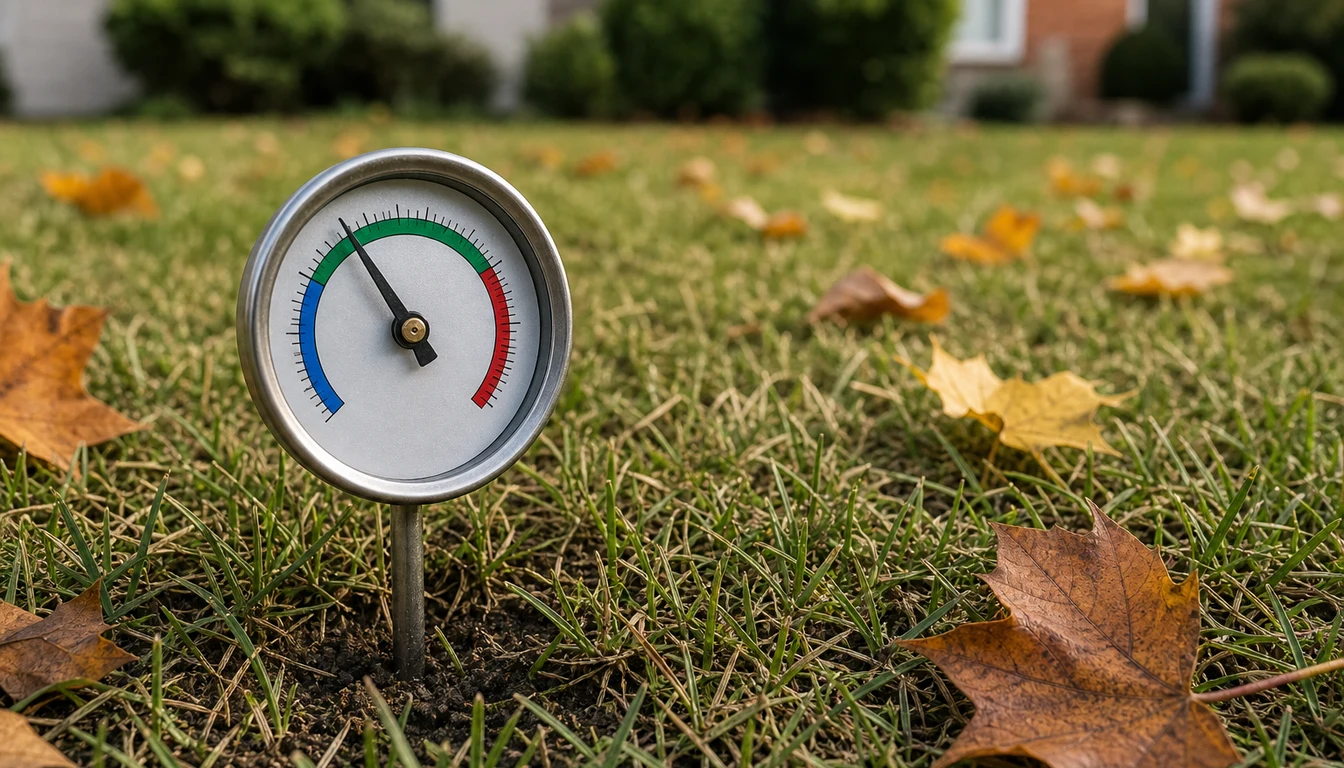soil thermometer inserted into lawn showing soil temperature reading