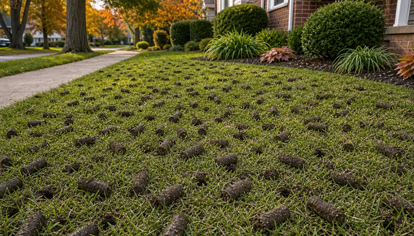 core aeration plugs scattered across a suburban lawn