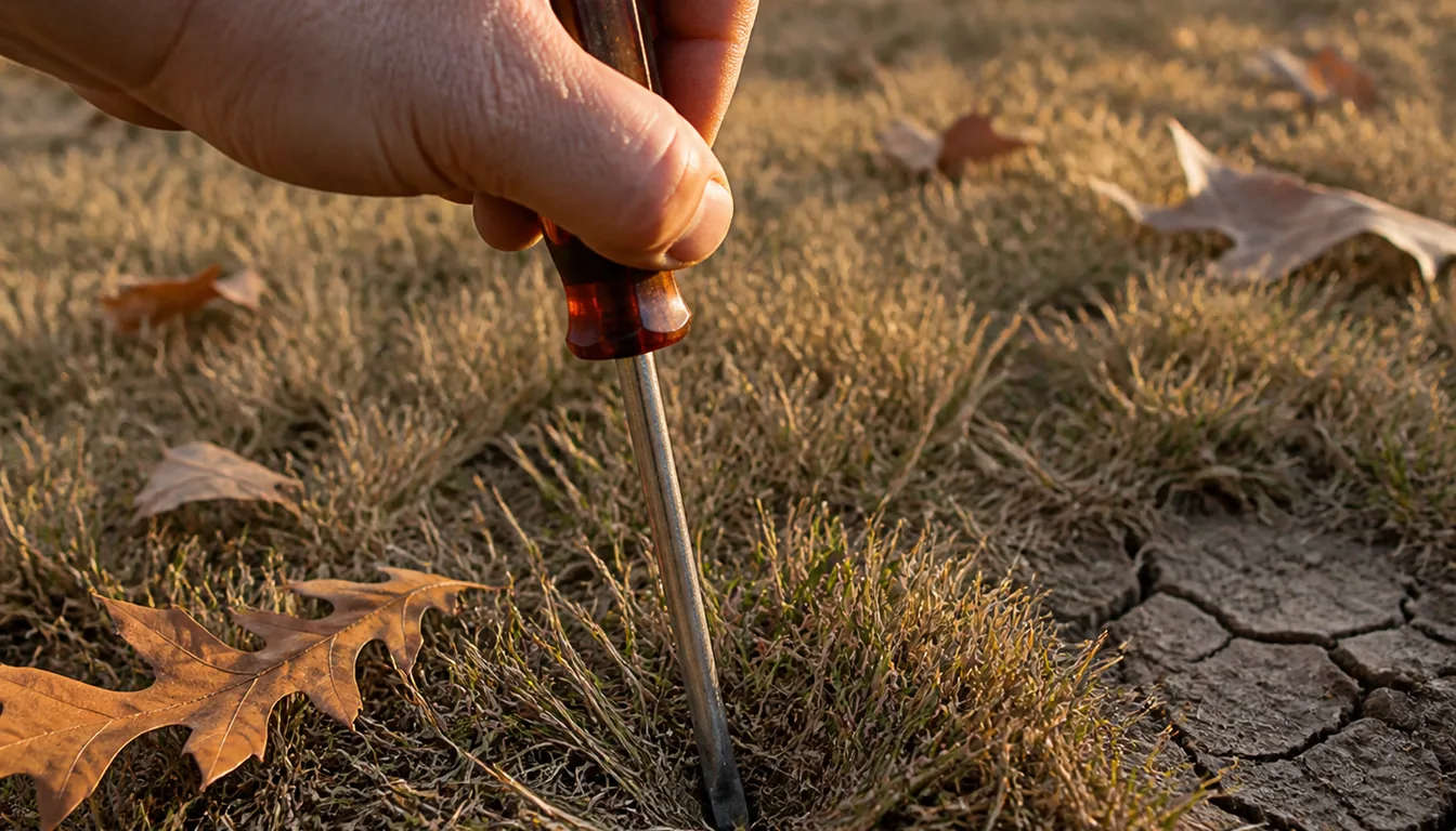 A hand pushing a long screwdriver into dry, cracked lawn soil, the blade only partway in, with dry oak leaves on the thin turf
