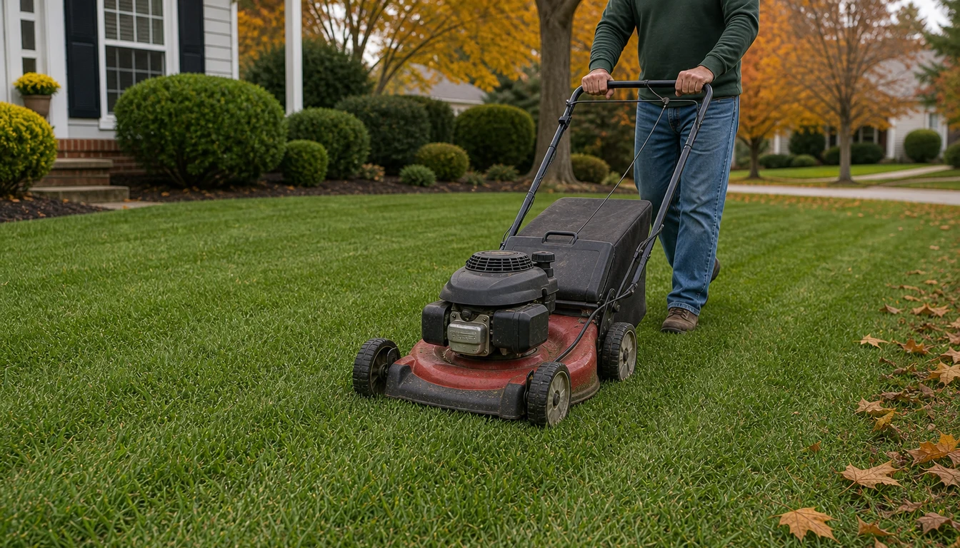 homeowner mowing lawn before core aeration