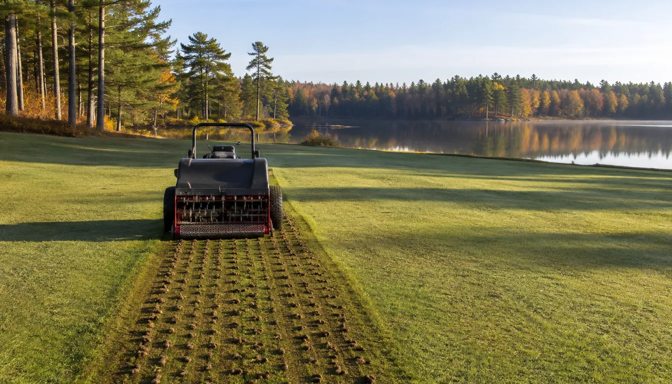 A walk-behind core aerator parked on a wide lawn beside a strip of freshly cored turf, with pines and a lake behind