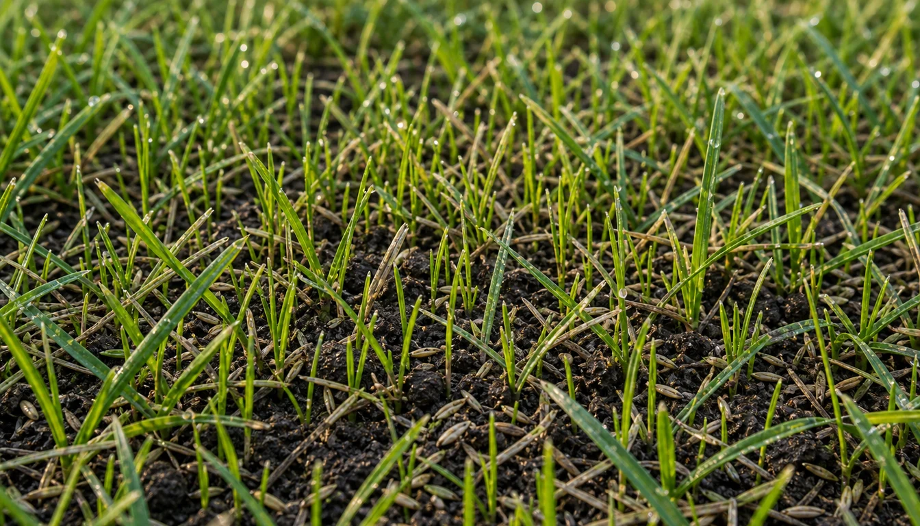 closeup of mixed cool season grass seedlings emerging after overseeding