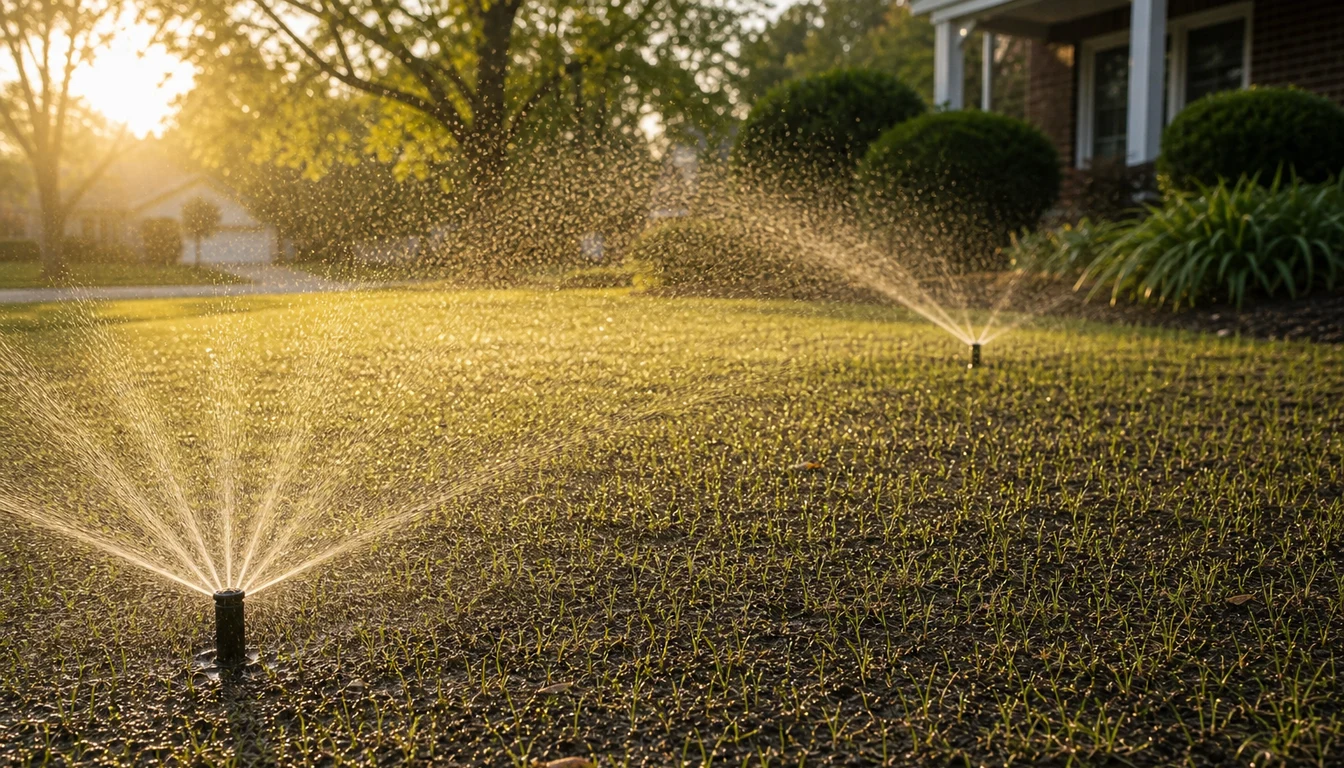 sprinklers watering a newly overseeded lawn in early morning