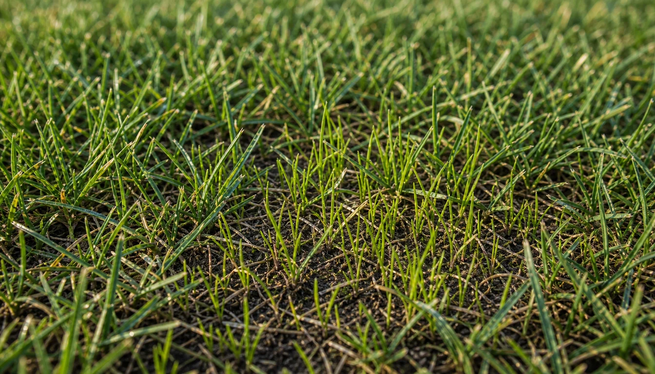 closeup of thin new grass seedlings mixed into an older lawn after overseeding
