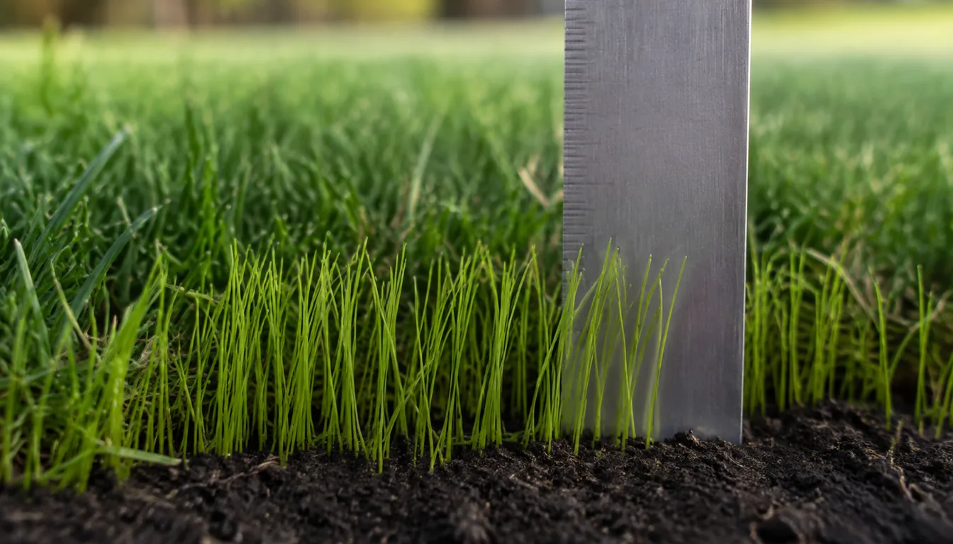 A steel ruler standing upright in a patch of fine new grass seedlings, with older, darker turf behind