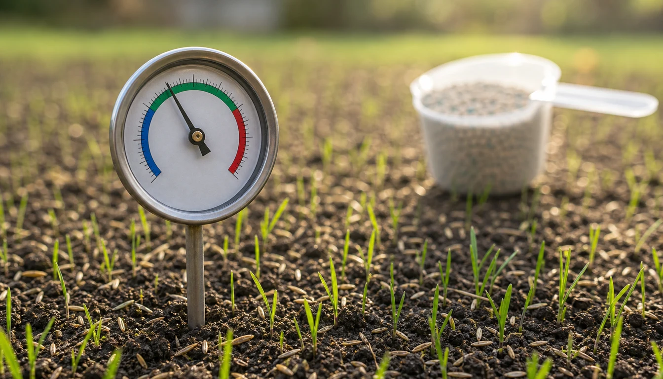 soil thermometer pushed into lawn beside new grass seedlings