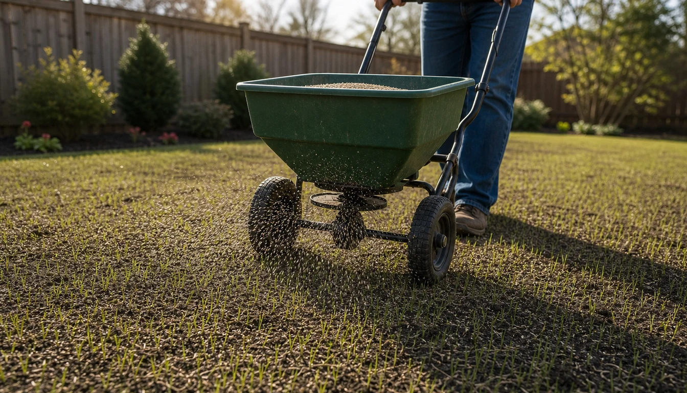 Person pushing a green broadcast spreader across a lawn beside a wooden fence