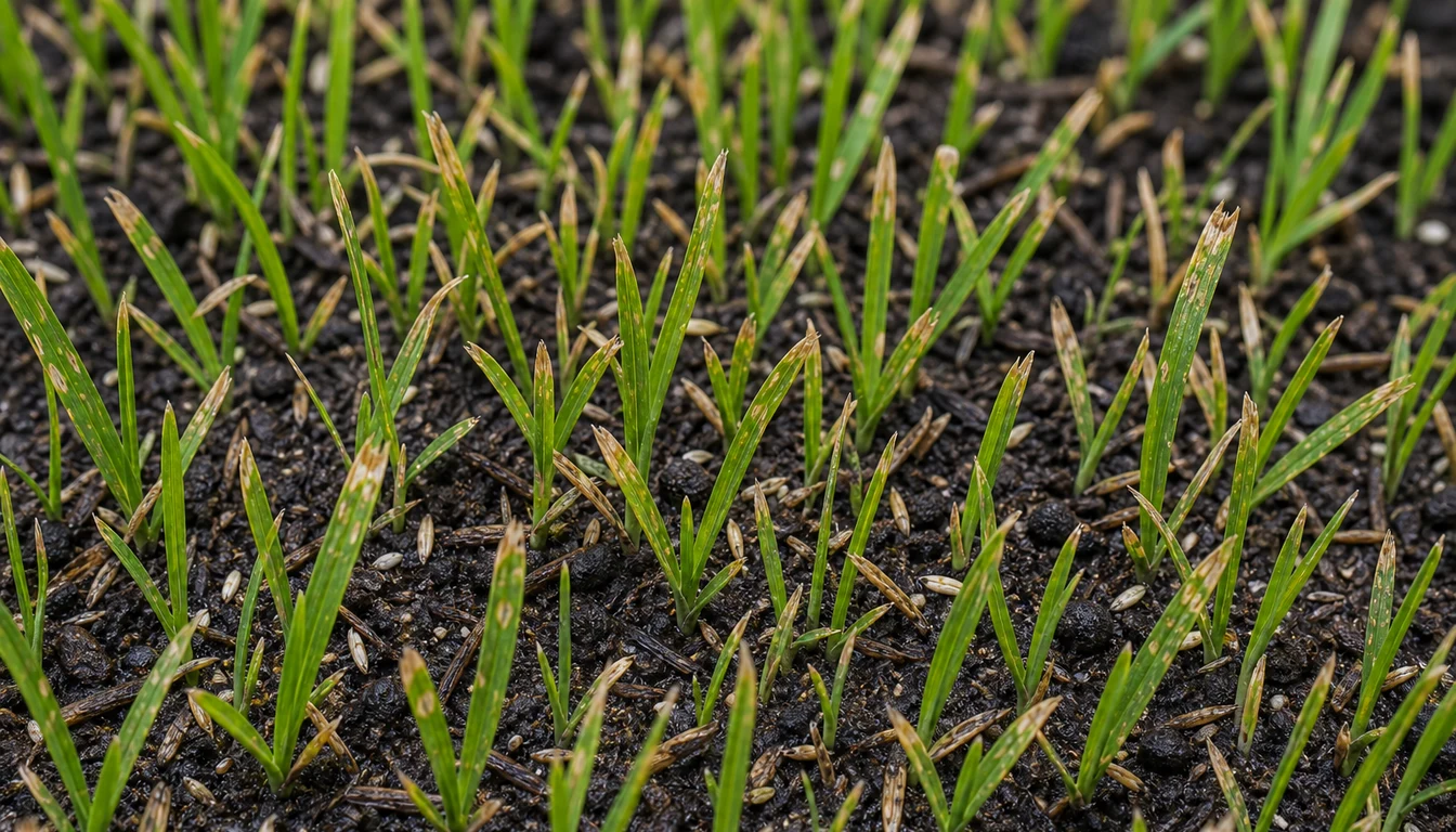 closeup of fertilizer burn spots on young grass blades