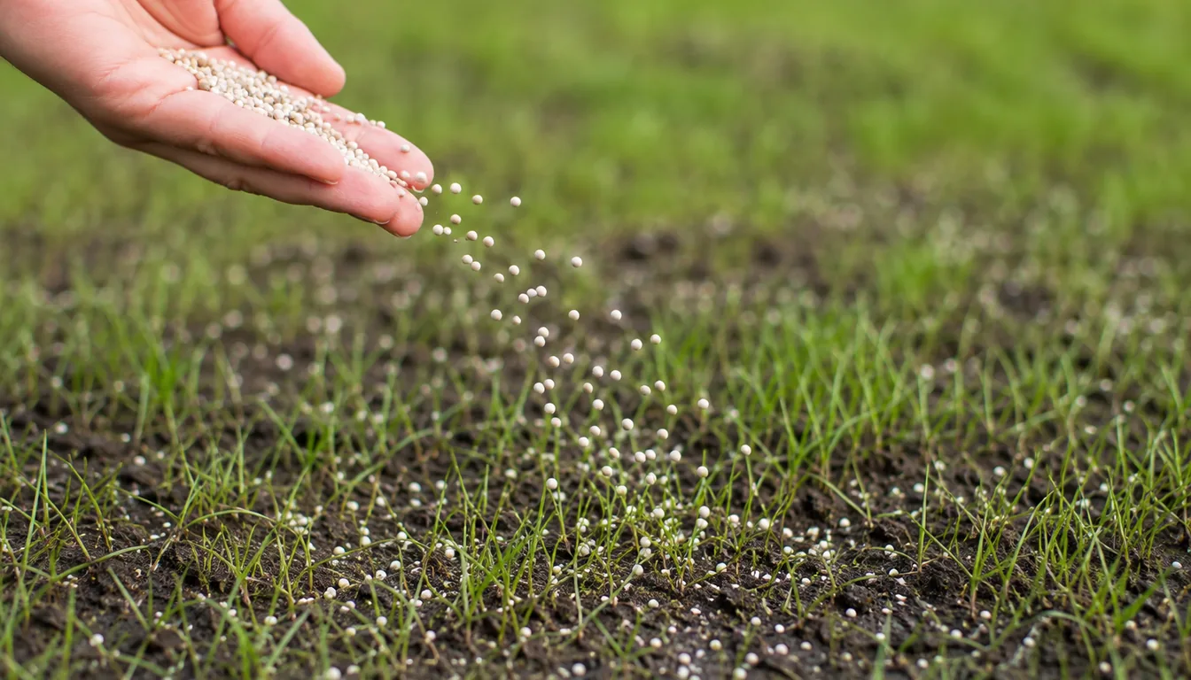 A hand scattering pale granules over thin young grass, some caught mid-air and others resting between seedlings on damp soil