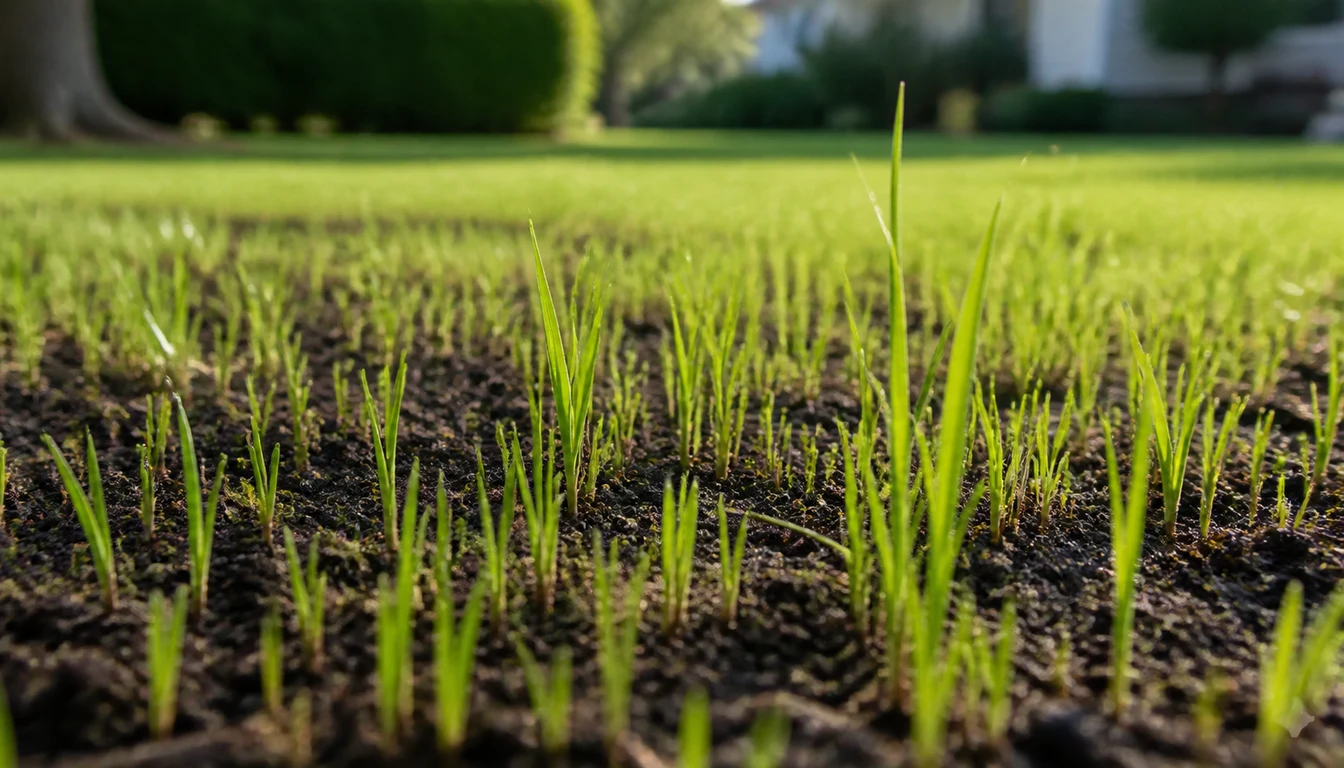 closeup of new grass seedlings at different heights in a lawn
