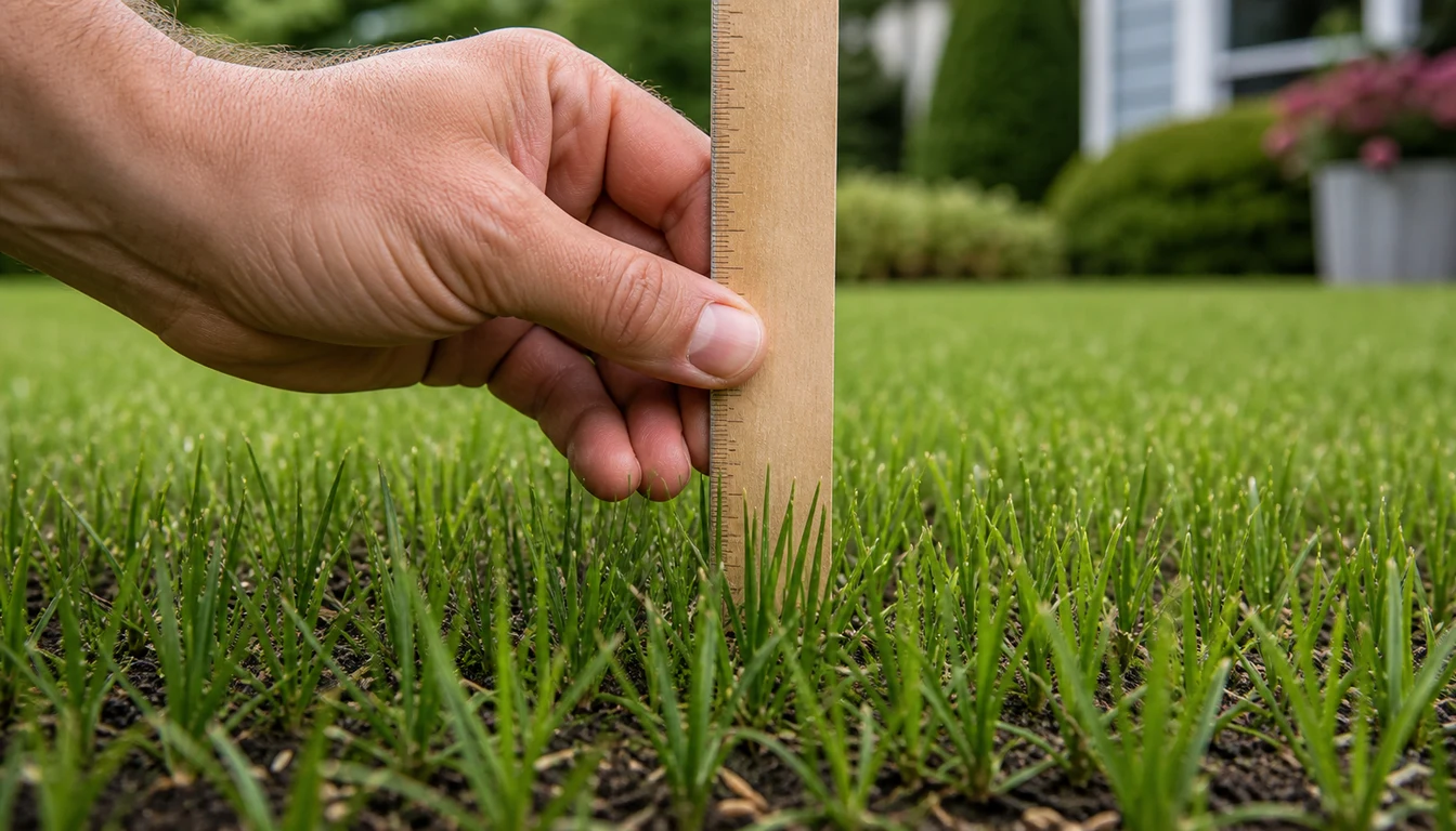 hand holding ruler vertically in lawn to measure grass height