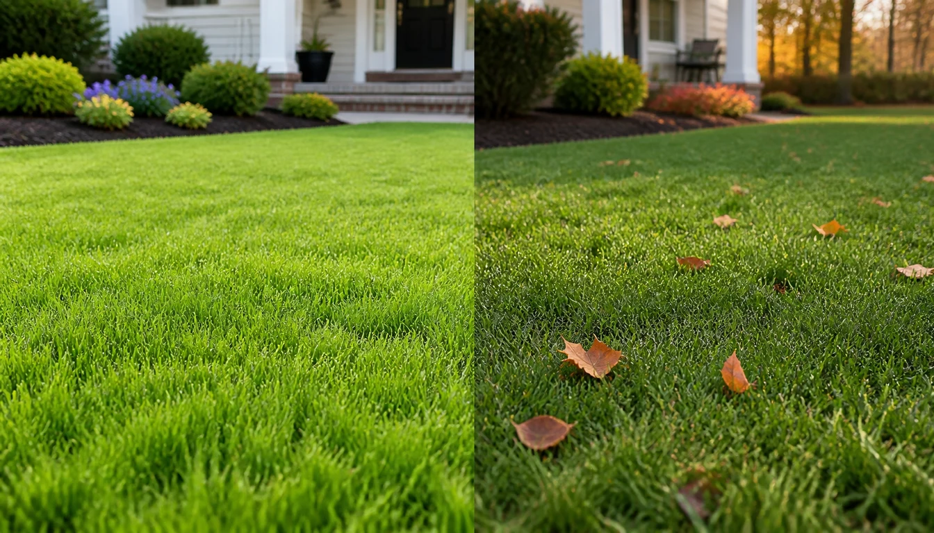 side by side photo of spring and fall seeded lawns at similar age
