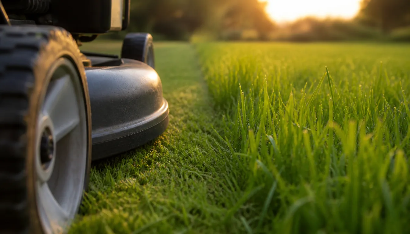 The front edge of a push mower deck at the boundary of a young lawn with tall soft new grass uncut ahead of it and a first mown strip behind