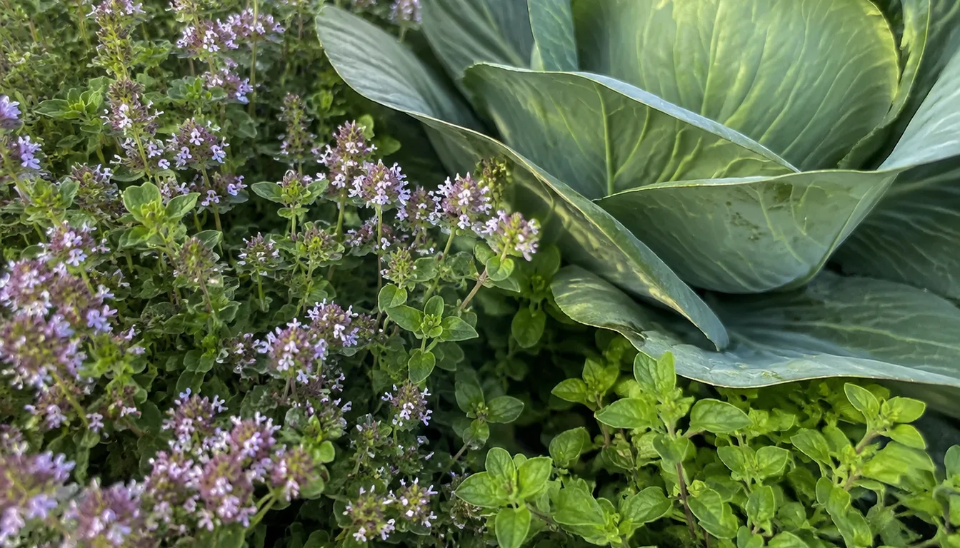 Flowering thyme growing beside a mature cabbage with both plants clearly visible at close range