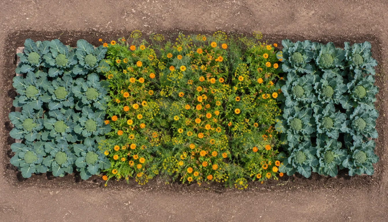 Overhead view of two broccoli blocks separated by a broad strip of orange flowers and flowering dill