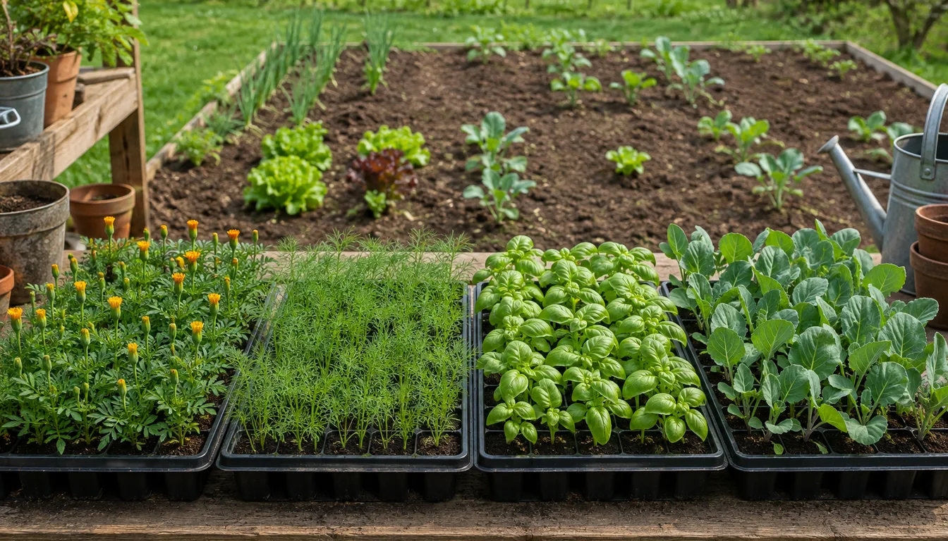 Separate trays of marigold, dill, basil, and brassica seedlings on a bench beside a partly planted raised bed