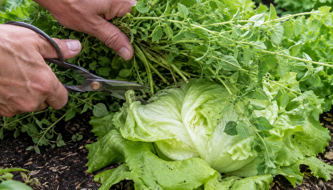 Hands trimming oregano stems that have spread over a lettuce plant