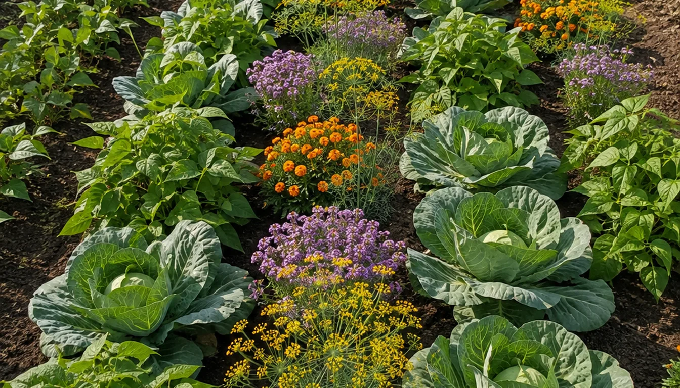Cabbages and bean plants growing in alternating groups with orange and purple flowers in a sunny vegetable garden