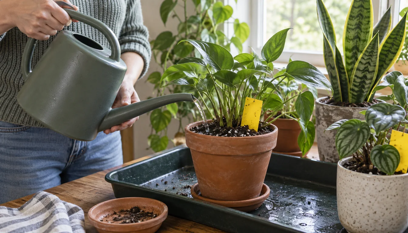 Liquid poured from a watering can onto potting mix beside a yellow sticky card