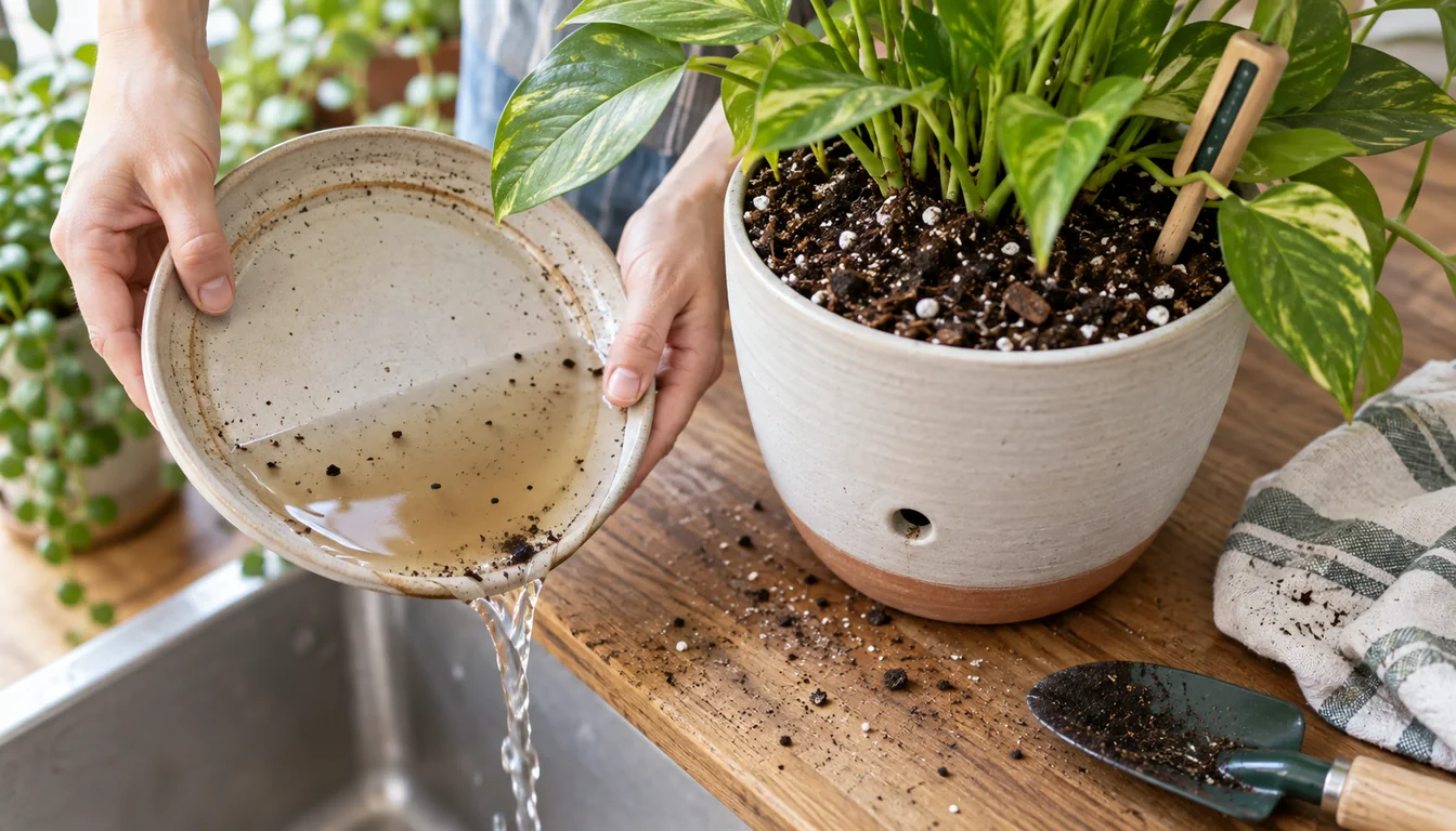 Water being poured from a saucer beside a potted pothos with a visible drainage opening