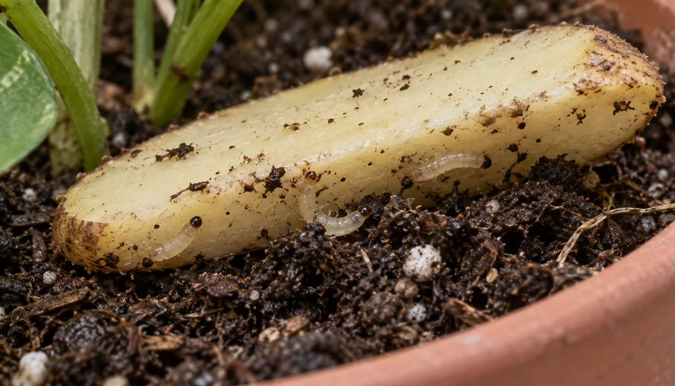 Illustrated pale, black-headed larvae beside the cut edge of a potato slice on potting mix