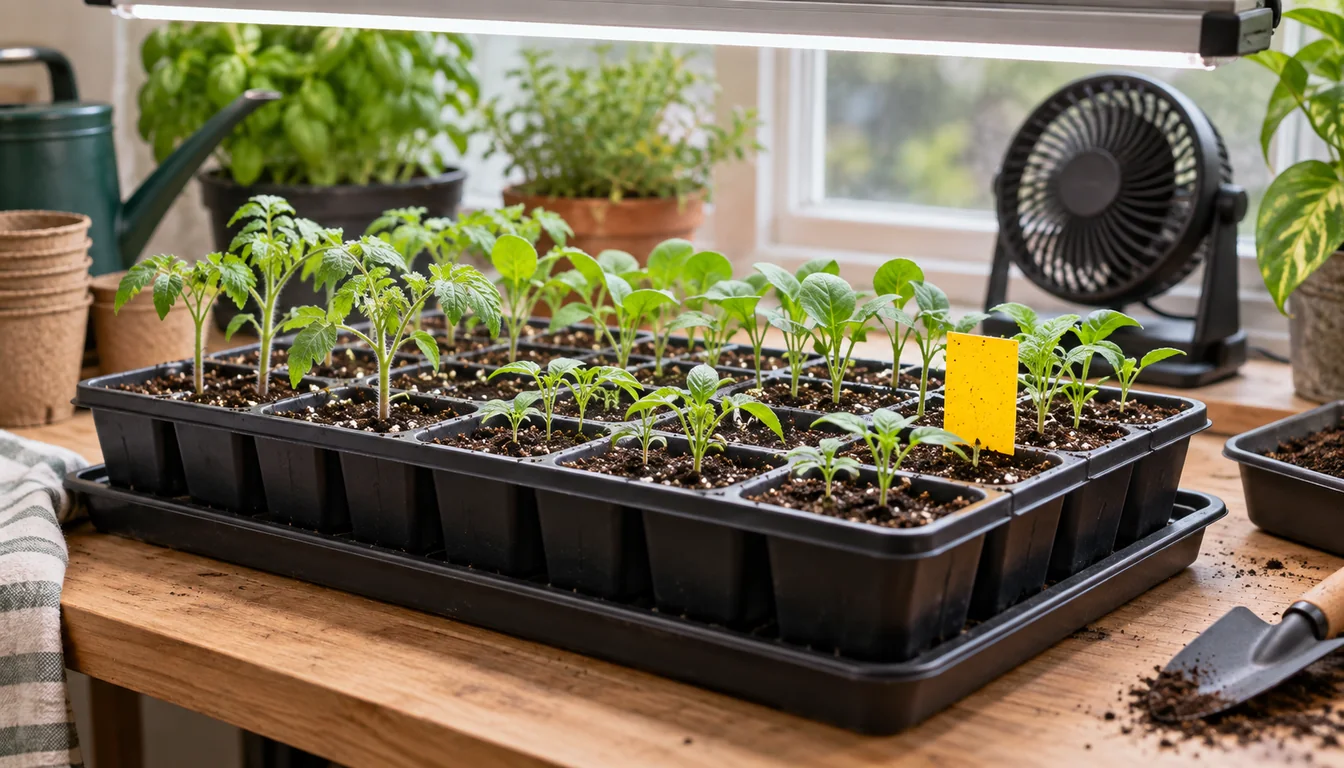 Young plants in cell trays under a grow light with a yellow sticky card and a fan behind them