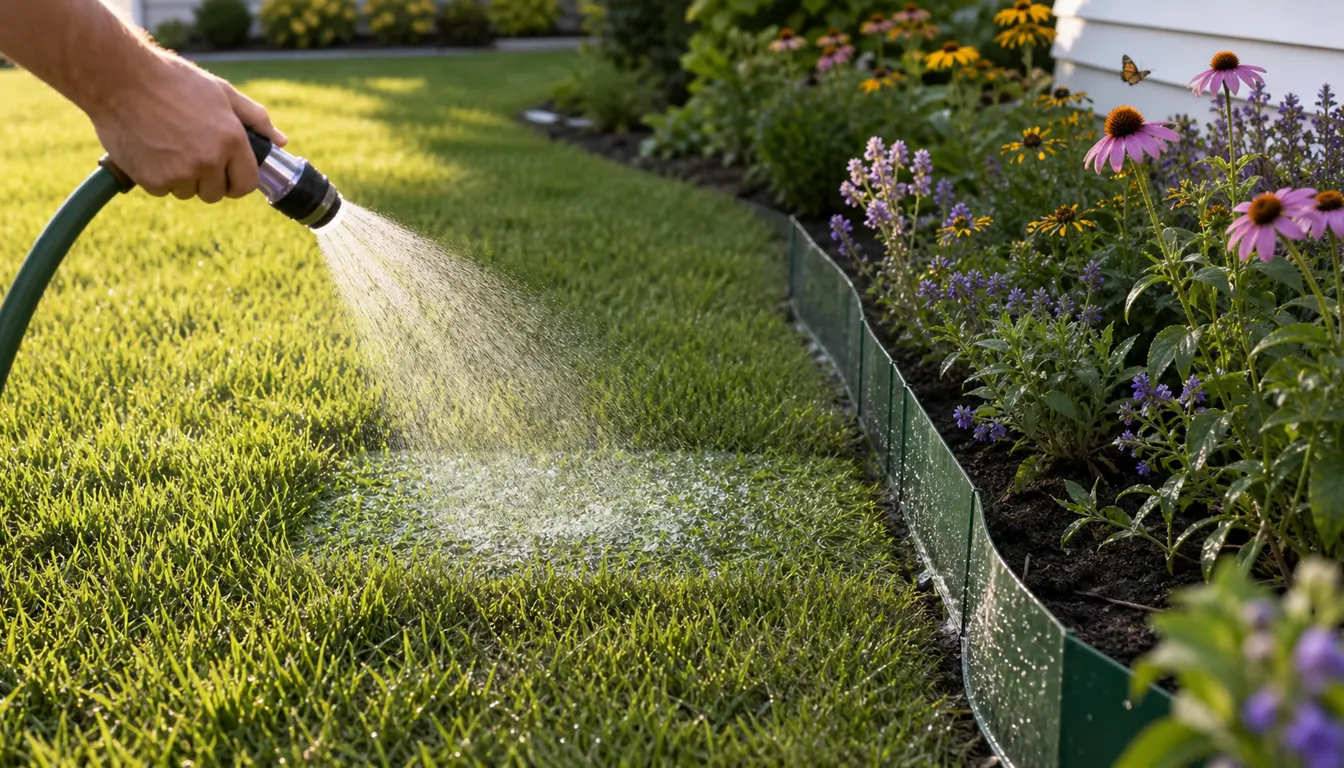 Garden hose rinsing a treated grass patch beside a flower bed protected by a low shield