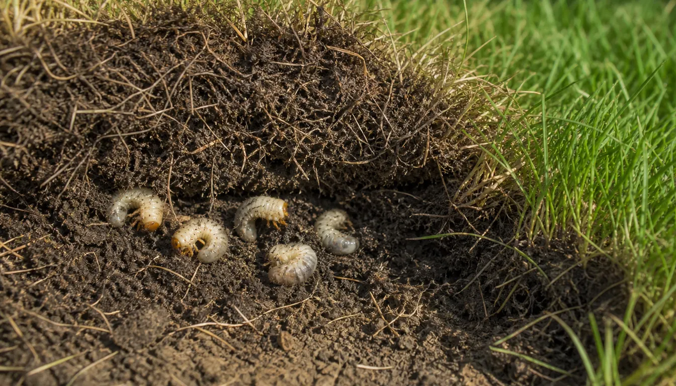Five white C-shaped grubs visible in soil beneath a peeled-back layer of turf