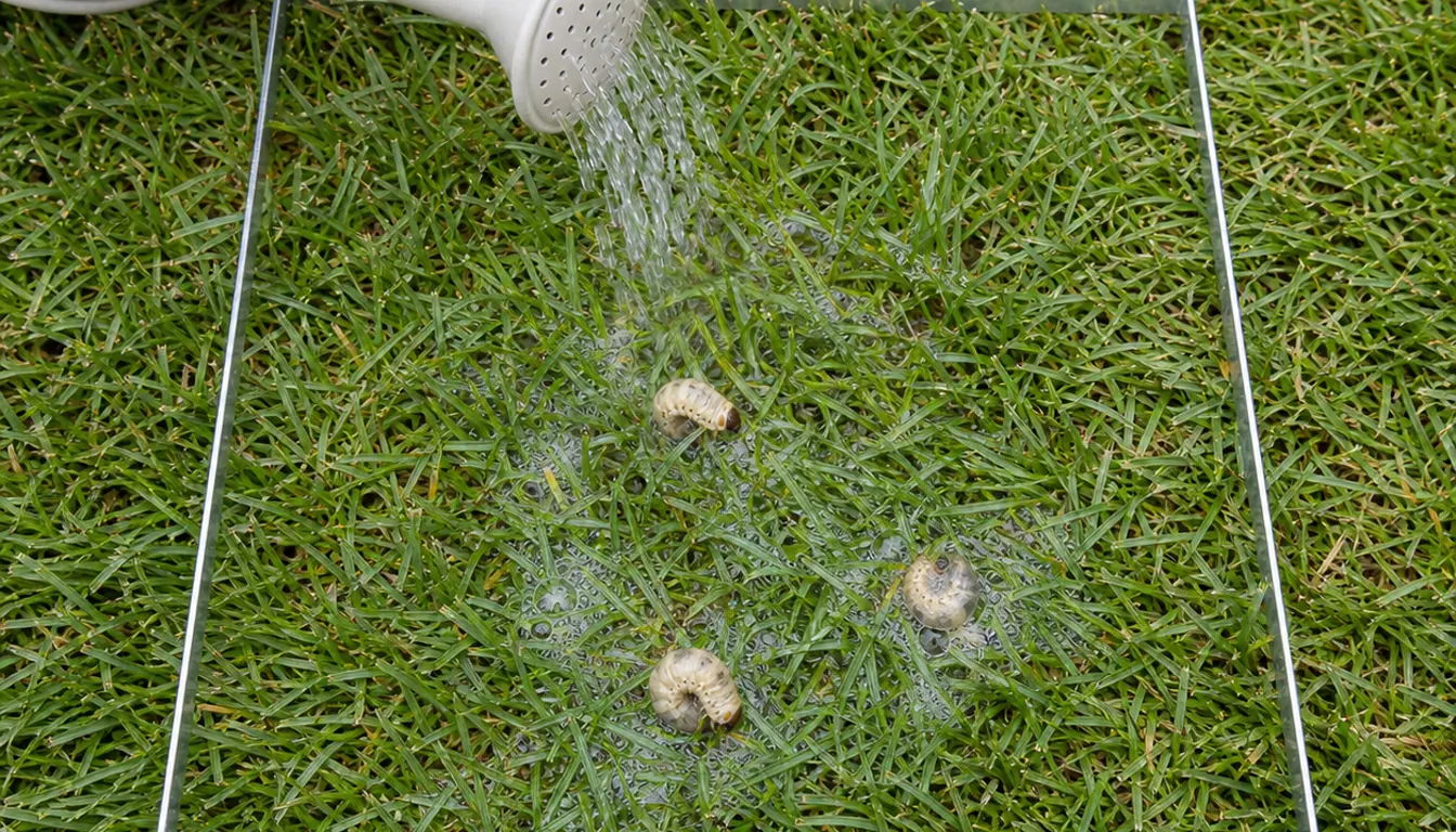 Watering can soaking a one-square-foot metal-framed lawn test area as three grubs surface