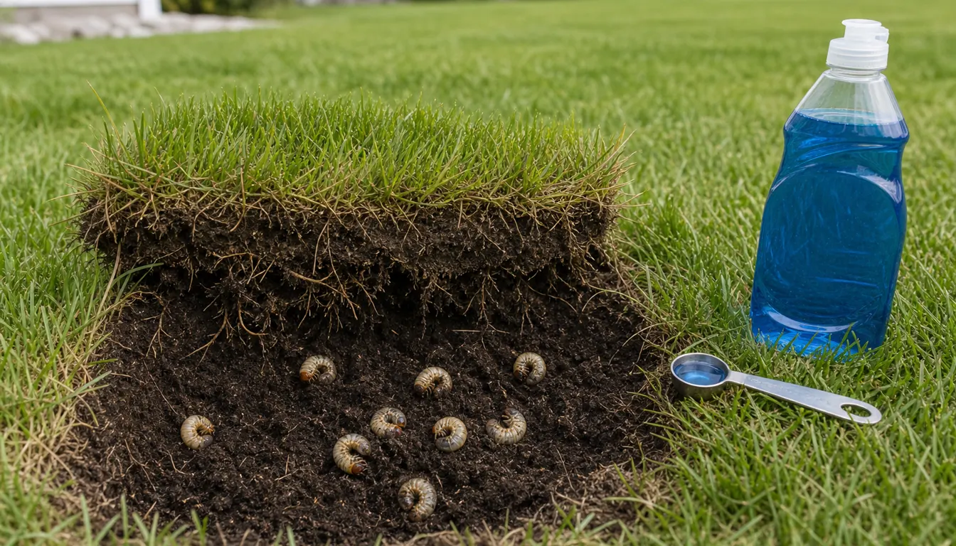 Lifted lawn turf exposing white C-shaped grubs beside a plain blue soap bottle and measuring spoon