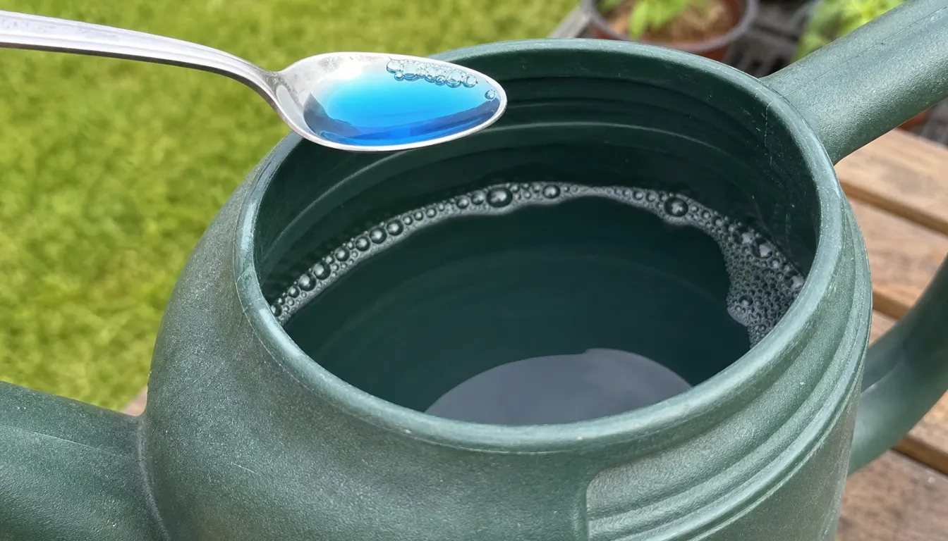 Teaspoon of blue dish soap held over a green watering can filled with water